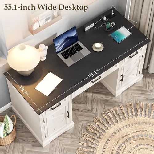 Vista 5 de Halitaa Farmhouse 55.1" Executive Desk with 3 Drawers, Vintage White Antique White
