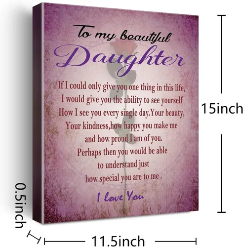 Vista 2 de Wailozco Lienzo colgante con texto en inglés "To My Beautiful Daughter", arte de pared enmarcado para decoración de pared de habitación de hija