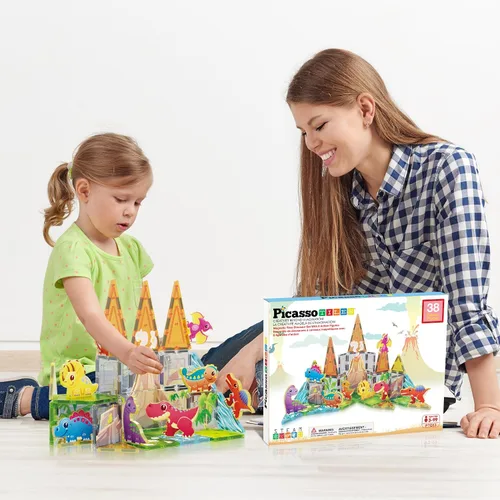 Vista 2 de PicassoTiles - Juego de 38 piezas de bloques de construcción con azulejos magnéticos, tema de dinosaurios, con 8 figuras de acción magnetizadas
