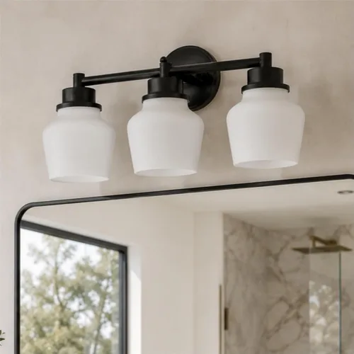 Vista 8 de Lámpara de tocador dorada Emak con pantalla de vidrio lechoso, accesorios modernos de iluminación de baño sobre espejo, 3 luces de tocador de baño