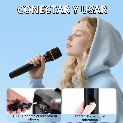 Vista 8 de Micrófonos inalámbricos, micrófono profesional UHF de metal dual para karaoke inalámbrico con receptor recargable (260 pies), conectar y usar