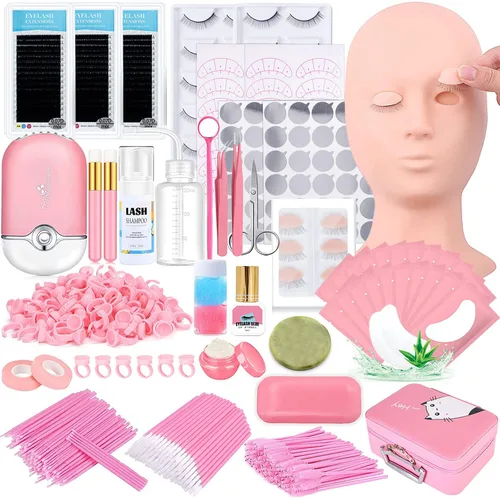 Vista 10 de Kit de extensión de pestañas profesional con cabeza de maniquí, párpados extraíbles, ventilador de pestañas USB, pestañas postizas individuales Negro