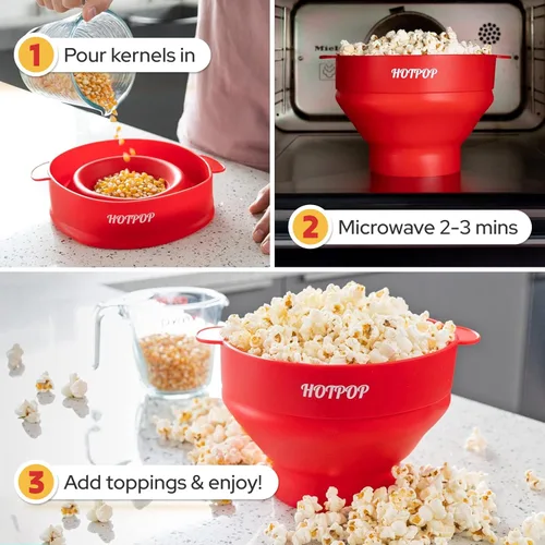 Vista 3 de The Orginal HOTPOP - Máquina para hacer palomitas de maíz de silicona, para microondas con asas, cuenco plegable, resistente al calor, fácil