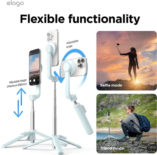 Vista 5 de elago Trípode magnético para selfie stick para iPhone y Galaxy Compatible con MagSafe, fuerte magnetismo, portátil, ligero, extensible [azul claro]