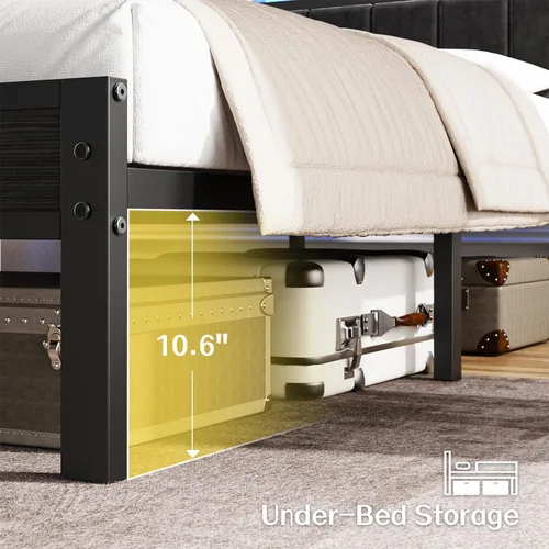 Vista 6 de OLEVS Base de cama individual con luces LED y salidas USB, cama individual de plataforma con cabecera de almacenamiento, no necesita somier, fácil