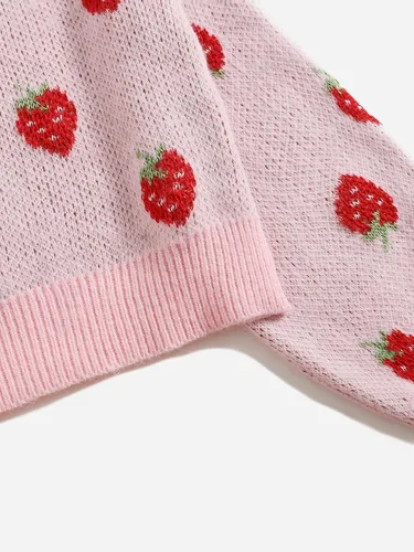 Vista 4 de MakeMeChic Girl's Strawberry Print Long Sleeve V Neck Ribbed Knit Pullover Sweater