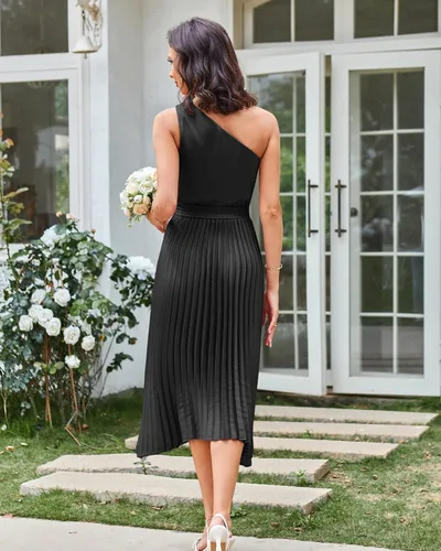 Vista 3 de GRACE KARIN Vestido de satén de verano 2023 con un hombro descubierto para mujer, sin mangas, plisado, vestido midi sexy de cóctel