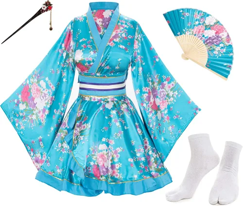 Vista 16 de Elibelle - Kimono de baile de anime japonés para mujer, bata, vestido elegante, abanicos de seda plegables de mano, juego de calcetines con tabi