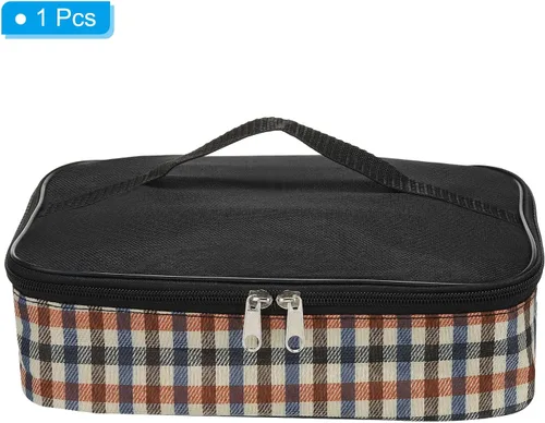 Vista 3 de PATIKIL Bolsa de almuerzo aislada de 10"x7"x3", patrón a cuadros, color negro