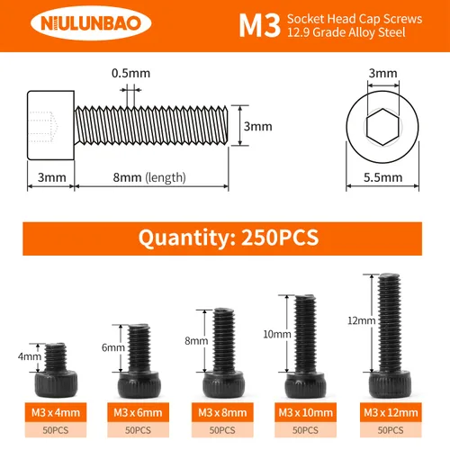 Vista 2 de Tornillos de cabeza hexagonal M3 x 4 mm, 6 mm, 8 mm, 10 mm, 12 mm, pernos de acero de aleación de grado 12.9, acabado de óxido negro, unidad