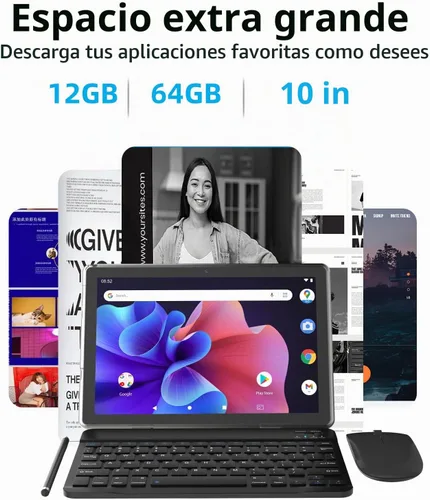 Vista 2 de Tablet Android 15 de 10 pulgadas, tabletas 2 en 1 con estuche de teclado ratón lápiz, 12 GB RAM 64 GB ROM 1 TB expandible, tablet PC con procesador