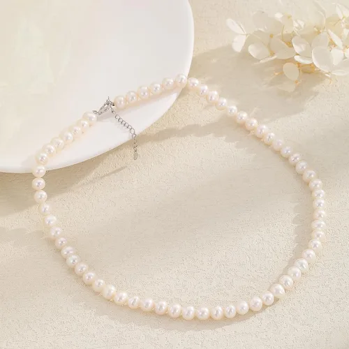 Vista 3 de AAA+ - Collar de perlas blancas de agua dulce de calidad para mujer, perlas blancas redondas de 0.25 a 0.27 pulgadas con cadena de plata de ley 925