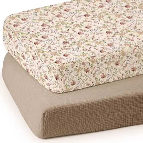 Vista 12 de Sábanas de cuna de muselina lulumoon para bebé: Sábanas ajustadas y transpirables para cuna de niños - Hojas de hoja de árbol verde para cuna