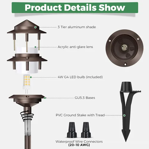 Vista 3 de Gardencoin Pagoda Luces de Camino de Bajo Voltaje para Paisaje, Luces de Camino LED al Aire Libre de 12V con Cable, Iluminación de Pasarela