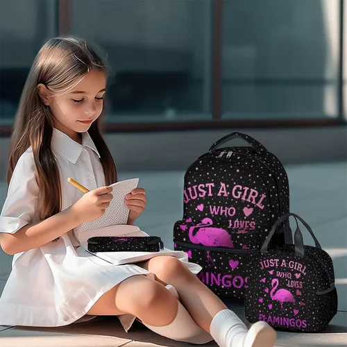 Vista 2 de Mochila Flamingo con fiambrera, juego de 3 mochilas escolares a juego, bonita bolsa rosa y estuche para lápices