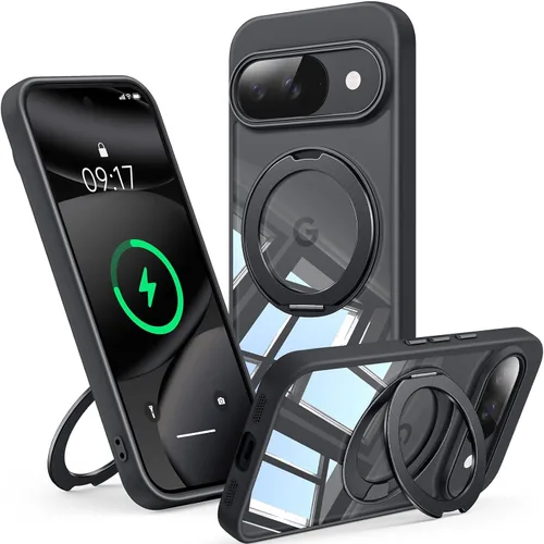 Vista 10 de 【Soporte magnético giratorio de 360°】 Funda para Google Pixel 9 【Compatible con MagSafe y Pixelsnap】 Funda con soporte de anillo 【Cristal Negro