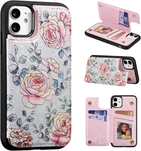 Vista 46 de UEEBAI Funda tipo cartera para iPhone 13 con tarjeteros, piel sintética, diseño floral, función atril, bloqueo RFID, doble cierre magnético, funda