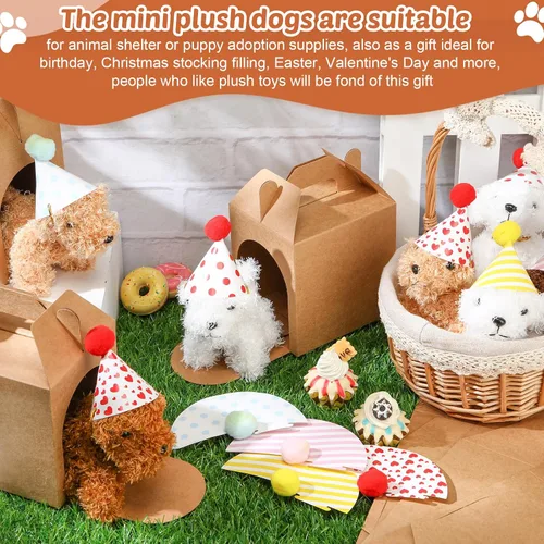 Vista 4 de Juego de 20 Mini Juguetes de Peluche Animales de Peluche Perros con Sombreros de Cumpleaños Cajas de Papel Kraft Cachorros de Peluche Pequeños