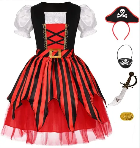 Vista 2 de KAKALVER Kids Pirate Costume for Girls Halloween Pirate Dress Up with Pirate accessories for Pirate Party Decorations Gifts