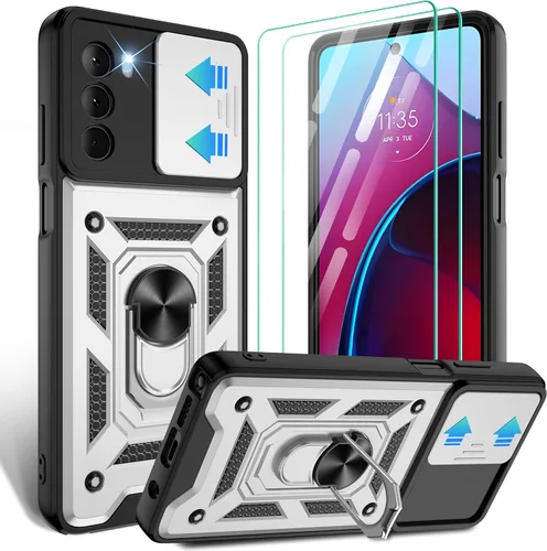 Vista 32 de Gritup Funda para Moto G Stylus 5G-2021 con cubierta deslizante para cámara 1 paquete de protectores de pantalla HD Soporte de metal giratorio