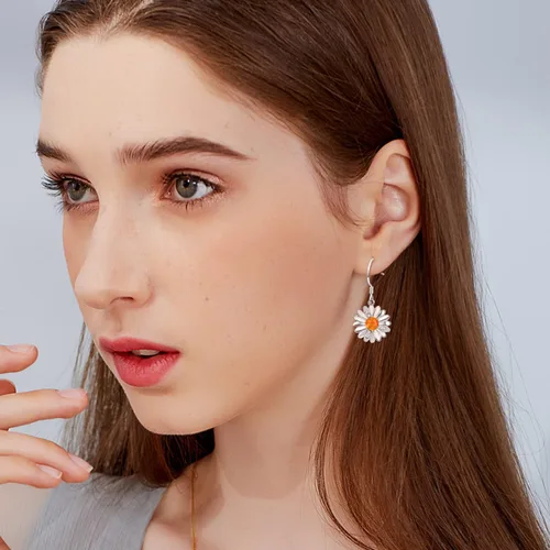 Vista 5 de Aretes de margaritas para mujer, plata de ley 925, aretes de gota de flor amarilla, joyería para mujer (naranja), Ópalo, No es una piedra preciosa