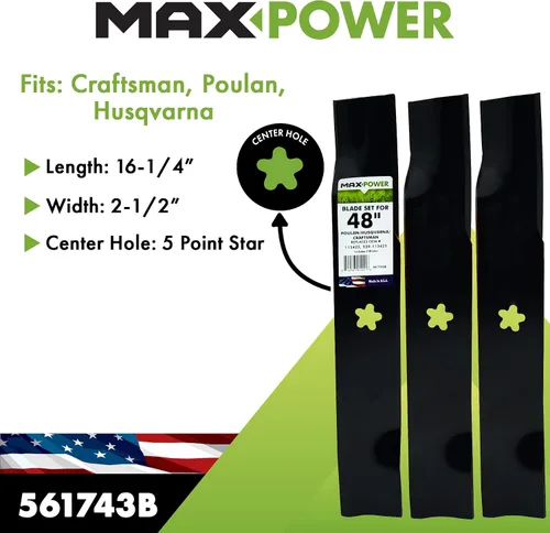 Vista 2 de MaxPower 561743B Juego de cuchillas para Poulan de 48 pulgadas, Husqvarna, Craftsman Reemplaza OEM No. 539-113425, 48 pulgadas, negro For 48" Cut