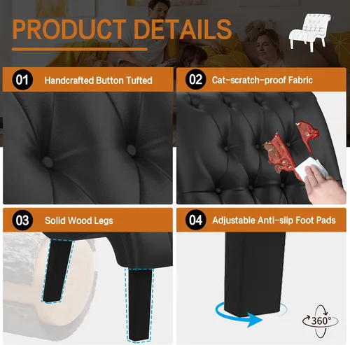 Vista 4 de Silla decorativa de piel sintética negra moderna con botones capitoné tapizada sin brazos para dormitorio, sala de estar con patas de madera Silla
