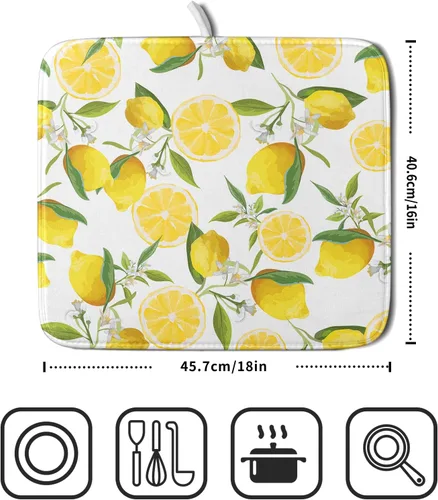 Vista 2 de Tapete de secado de platos de limón para encimera de cocina, de 16 x 18 pulgadas, tapete de secado de microfibra pequeña con acuarela, limón