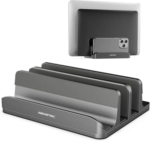 Vista 10 de Soporte vertical para portátil AboveTEK, soporte de escritorio de aluminio con 3 ranuras y base ajustable para tableta, MacBook, teléfono - Ajuste