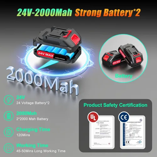 Vista 5 de Mini motosierra inalámbrica de 6 pulgadas, motosierra alimentada por batería de 24 V Engrasador automático, 2 baterías de 2000 mAh incluidas