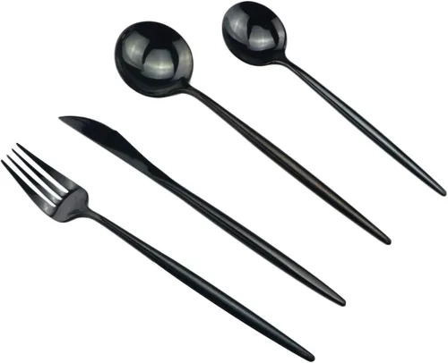 Vista 6 de Juego de cubiertos portátiles, juego de cubiertos de 5 piezas, acero inoxidable 18/10, pulido de espejo, negro, utensilios modernos y elegantes