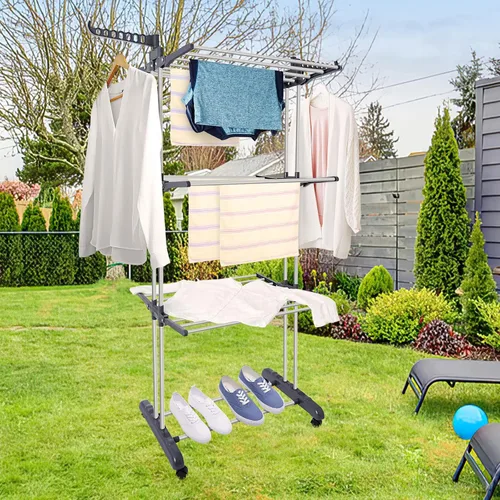 Vista 6 de Perchero de secado de ropa, grande plegable de 3 niveles para secadora de ropa, estante de almacenamiento para ropa con dos alas laterales y ruedas