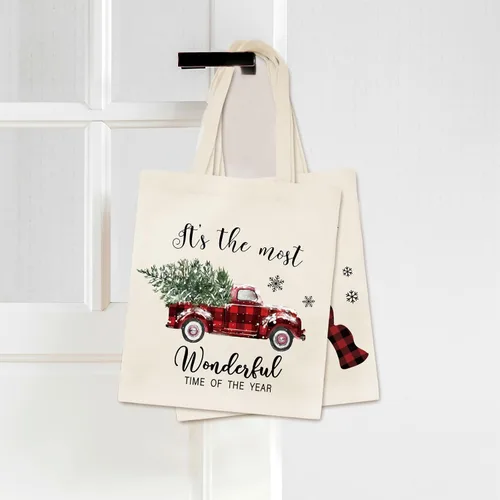 Vista 7 de Whaline 3 bolsas de lona de Navidad a cuadros, árbol de Navidad, camión, muñeco de nieve, bolsa de compras de Navidad para invierno, reutilizable