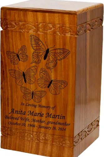 Vista 2 de Urna de cremación de madera, urna funeraria humana de gran tamaño con personalización (mariposas)