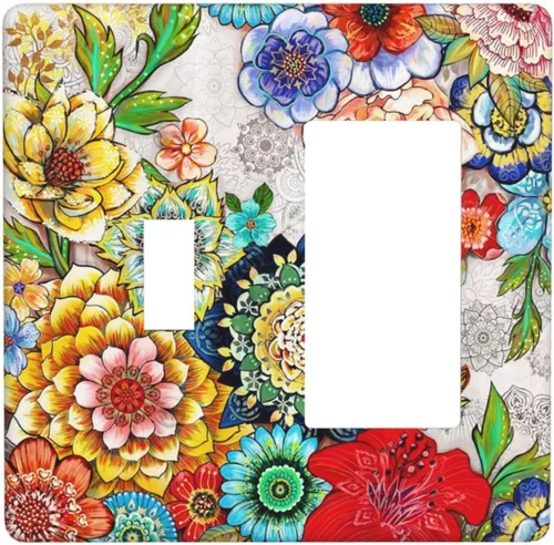 Vista 21 de Placa de Pared en Blanco de 1-Gang Sin Dispositivo Beige Lindo Vintage Boho de los 70s Hongo Fungus Planta Floral Botánica Libélula Interruptor