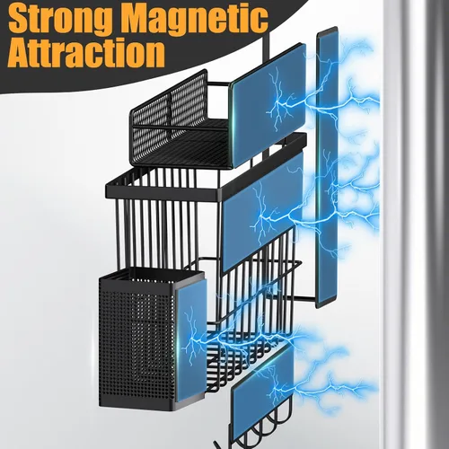 Vista 3 de Estante magnético para especias para refrigerador, paquete de 7 estantes magnéticos fuertes 100% de metal, organizador de especias con soporte