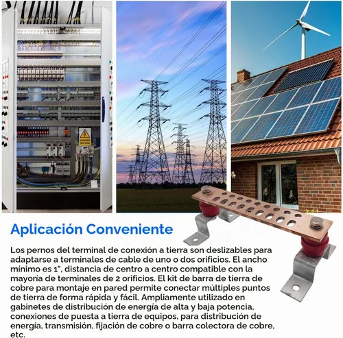 Vista 5 de Barra colectora de cobre para tierra, kit de barra de tierra multiusos de 10 x 2 pulgadas x.25 pulgadas con 18 posiciones de terminal de 0.41