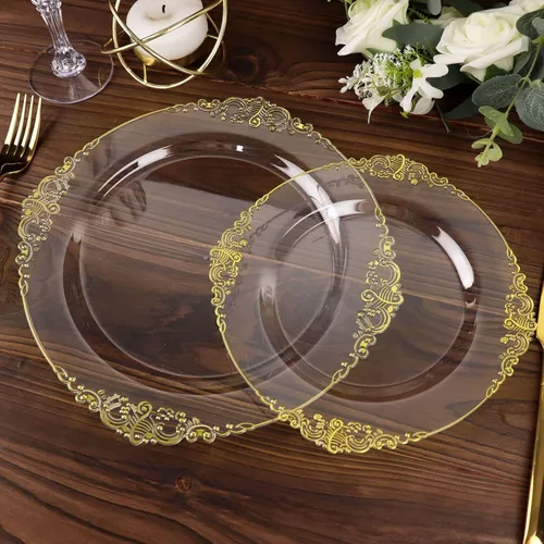 Vista 15 de Paquete de 10 platos redondos de plástico barroco dorado de 8 pulgadas para ensalada de postre, vajilla desechable con borde dorado en relieve