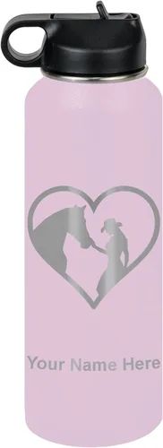 Vista 73 de LaserGram Botella de agua personalizada, corazón de vaquera de caballo, acero inoxidable de doble pared aislada al vacío con popote superior, regalo