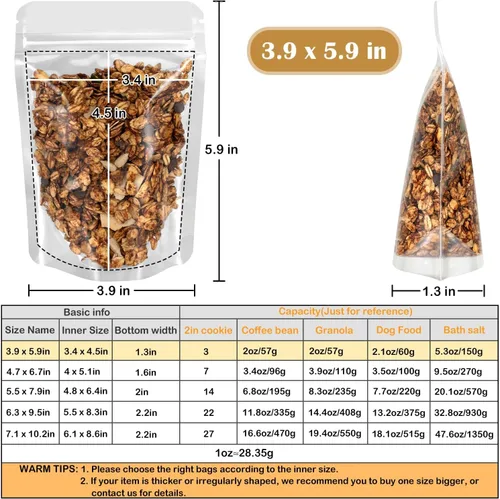 Vista 4 de Blisstime Paquete de 50 bolsas de pie, bolsas autoadhesivas transparentes resellables con muesca de desgarro para embalaje de alimentos