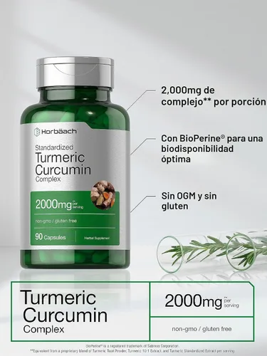 Vista 3 de Horbäach Suplemento de curcumina de cúrcuma 90 cápsulas Complejo con pimienta negra Sin OMG, sin gluten