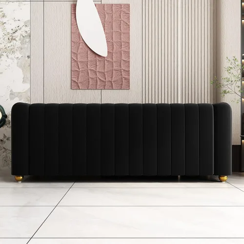 Vista 5 de Sofá capitonado Chesterfield de terciopelo tapizado de 81 pulgadas de ancho, 3 plazas, cómodo sofá para sala de estar, dormitorio, oficina Negro