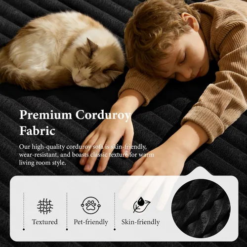 Vista 5 de Sofá modular moderno de 96 pulgadas para sala de estar, sofá modular tapizado sin hueso con bolsillos, cómodo sofá nube con diván en forma de L Negro