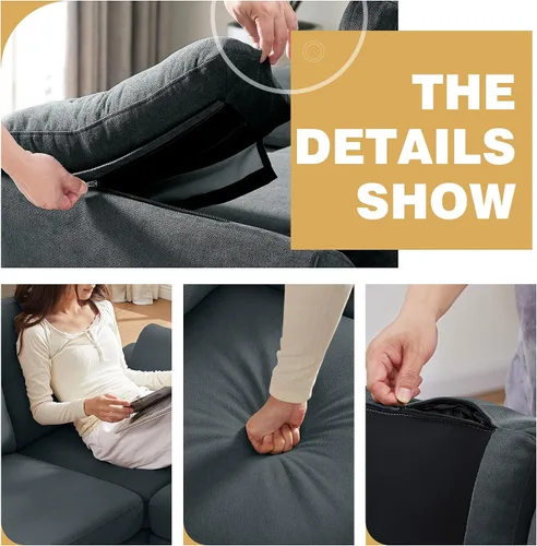 Vista 3 de Juego de 2 sofás para sala de estar, sofás convertibles en forma de L de 3 asientos con otomana y silla decorativa, sofá moderno de lino para Gris