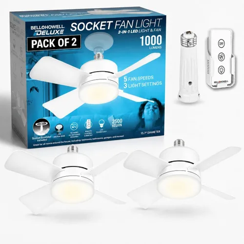 Vista 10 de Bell+Howell Socket Breeze Deluxe, Small Ceiling Fan with LED Light and Remote, Adjustable Speeds and Brightness, Light Socket Fan for Bedroom Negro