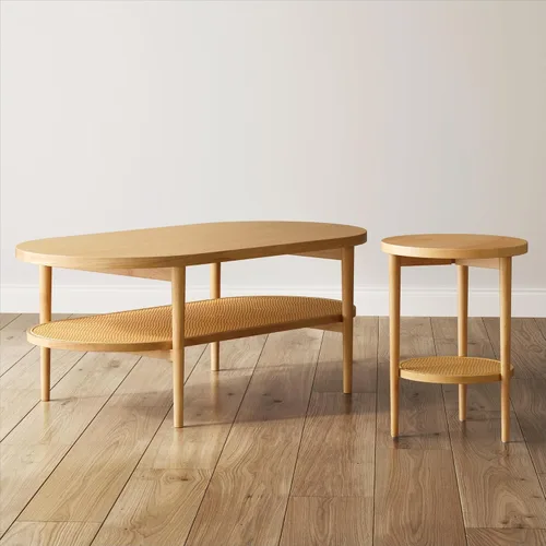 Vista 8 de Nathan James Sonia - Mesa auxiliar redonda de estilo boho, mesa lateral natural para sofá en madera clara con estante de almacenamiento de ratán