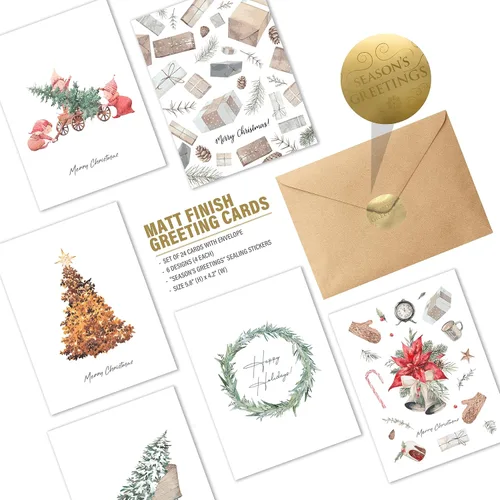 Vista 5 de easykart labels Surtido de 24 tarjetas de Navidad con sobres y calcomanías de sellado, 6 diseños de temática bohemia navideña, 5.75 x 4.25 pulgadas