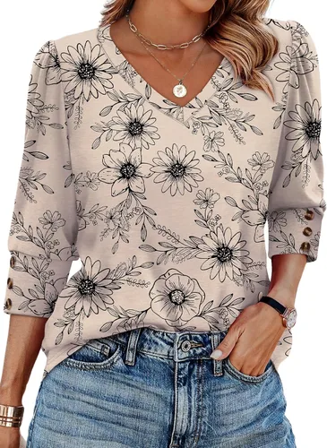Vista 29 de XIEERDUO - Blusas de manga 3/4 para mujer, cuello en V, con botones, estilo A-blanco