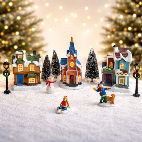 Vista 2 de MOMENTS IN TIME Christmas Village - Juego de 12 piezas, con luces LED, funciona con pilas (no incluidas)