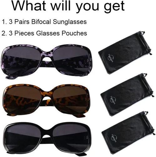 Vista 8 de Lentes de sol bifocales de lectura para mujer, protección UV, paquete de 3 lentes de sol para lectura al aire libre con bolsas de limpieza Built